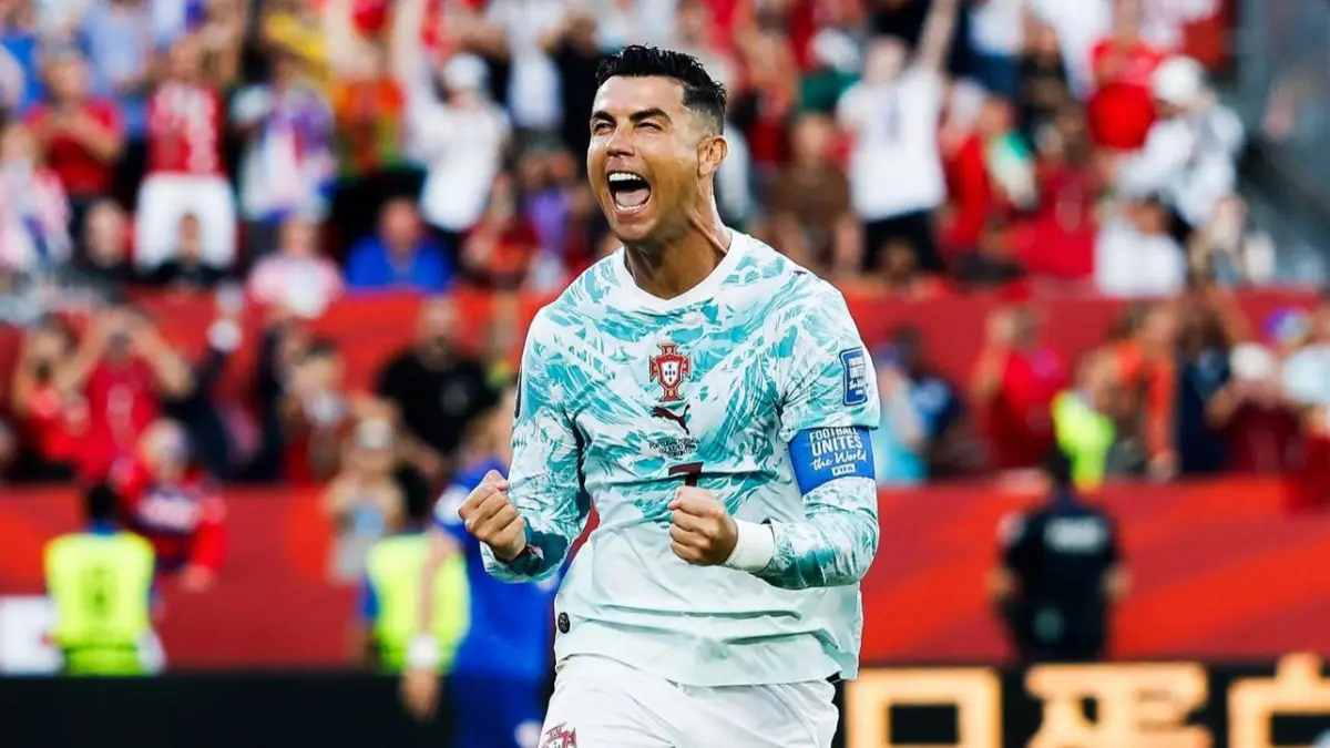Cristiano Ronaldo saat melakukan selebrasi usai mencetak gol ke gawang Kroasia di Stadion Toronto, Kanada, Kamis (2/7/2026) waktu setempat. (FOTO : IG Portugal).