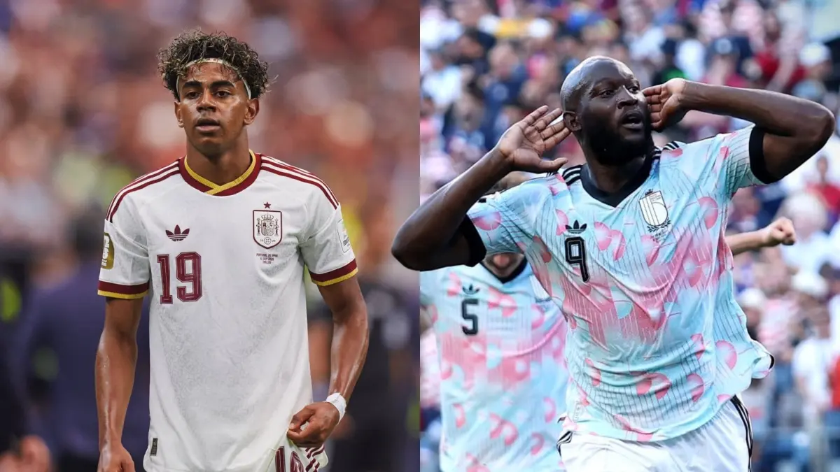 Kolase Foto Pemain Spanyol Lamine Yamal dan Pemain Belgia Lukaku.