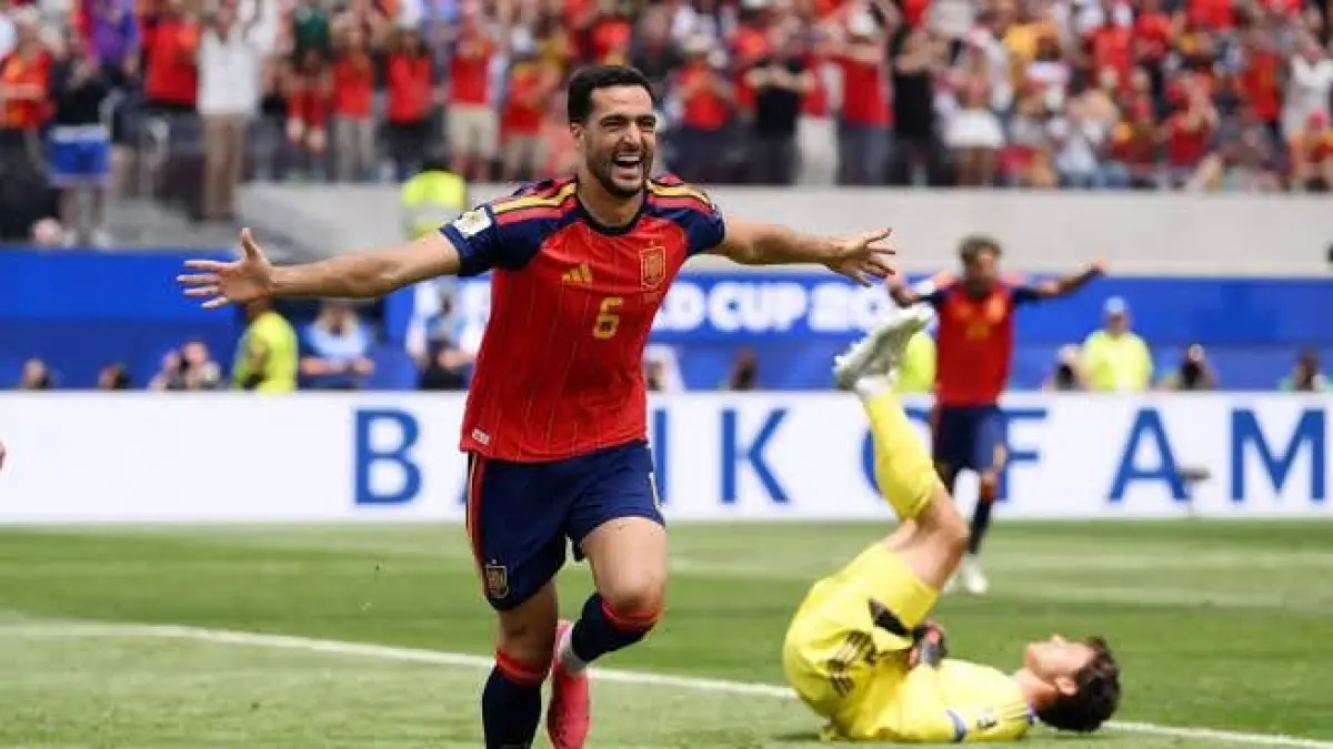 Mikel Merino merayakan golnya ke gawang Belgia di menit 88 di Stadion SoFI California Amerika Serikat Sabtu (11/7/2026). Gol Mikel Merino ini membawa Spanyol menang 2-1 atas Belgia dan menantang Prancis di Semifinal Piala Dunia 2026. (X) 