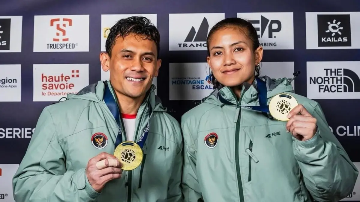 Veddriq Leonardo dan Desak Made Rita raih emas di Kejuaraan Dunia Panjat Tebing 2026 seri Prancis. (CEPOSONLINE.COM/DOK WORLD CLIMBING)