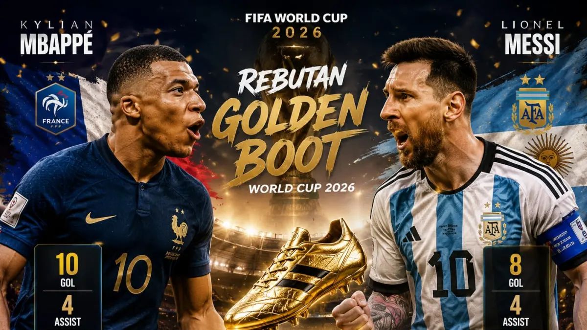 Ilustrasi perebutan Goolden Boot Lionel Messi dan Mbappé.(Ai Takim/CEPOSONLINE.COM)