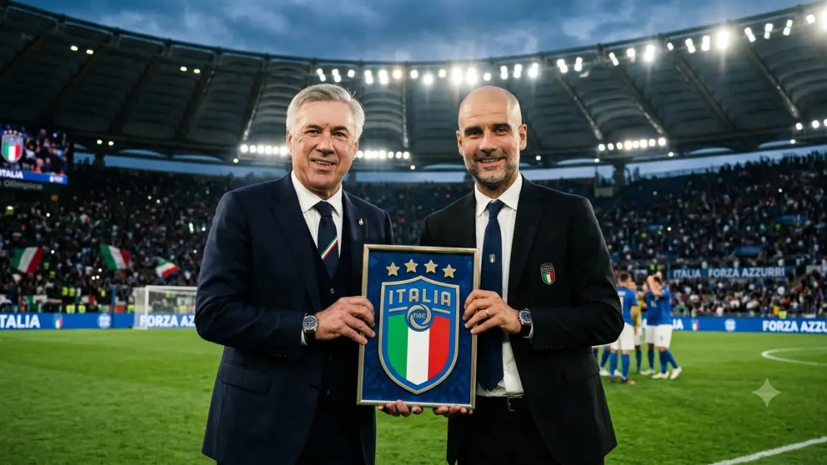 Ilustrasi Pep Guardiola (kanan) dan Carlo Ancelotti masuk radar Timnas Italia. (AI)