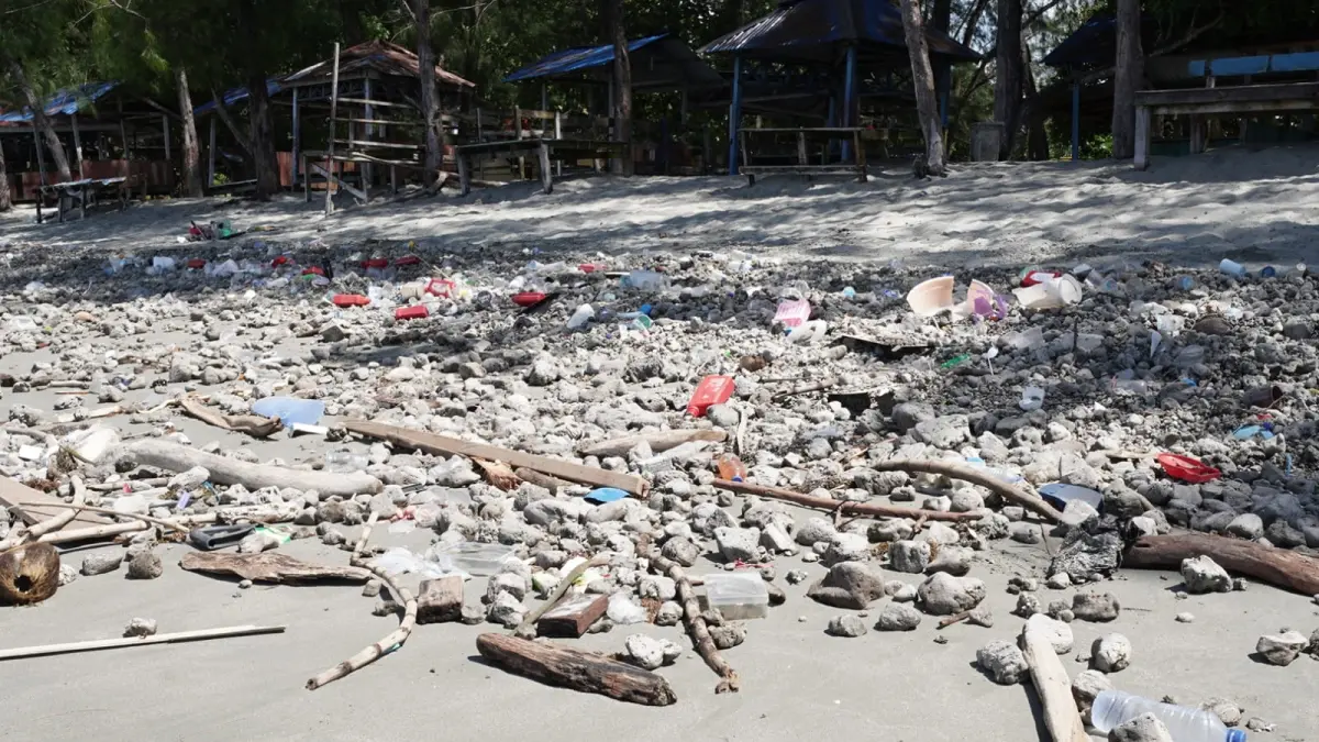 Kondisi terkini bibir Pantai Hamadi, tanpak dipenuhi tumpukan batu apung dengan limbah sampah plastik, bekas wadah minuman, hingga potongan batang kayu, Senin (27/7/2926)