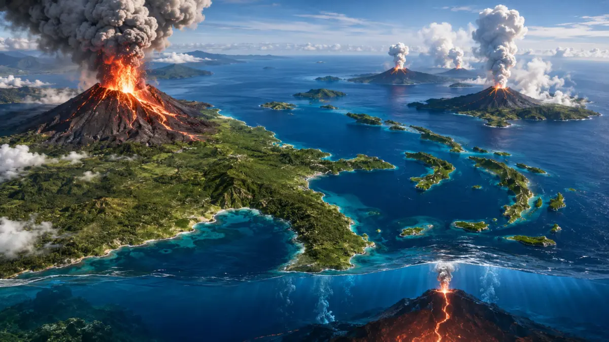 Ilustrasi Gunung Berapi Aktif yang terletak di laut.