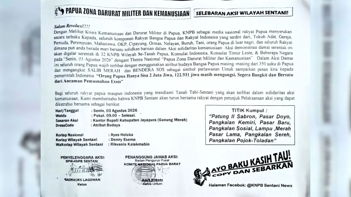 
Salah satu selebaran yang diedarkan dibeberapa titik di Kota Jayapura maupun di Kabupaten Jayapura terkait rencana aksi demo pada 3 Agustus besok. 

(CEPOSONLINE/ISTIMEWA)