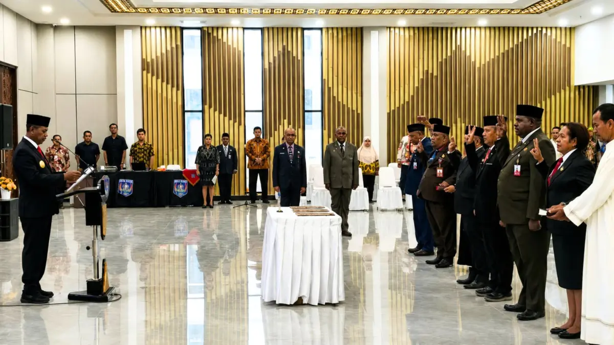 Gubernur Papua Selatan Apolo Safanpo saat melantik 6 pejabat tinggi pratama, Jumat (14/8/2026)&nbsp;

(CEPOSONLINE.COM/SULO)&nbsp;