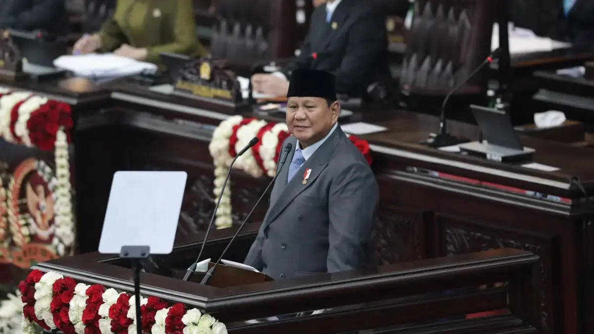 Pidato Presiden Prabowo Subianto dalam Sidang Tahunan MPR RI serta Sidang Bersama DPR RI dan DPD RI Tahun 2026 di Kompleks Parlemen, Jakarta, Jumat (14/8/2026). (Salman Toyibi/ Jawa Pos)&nbsp;