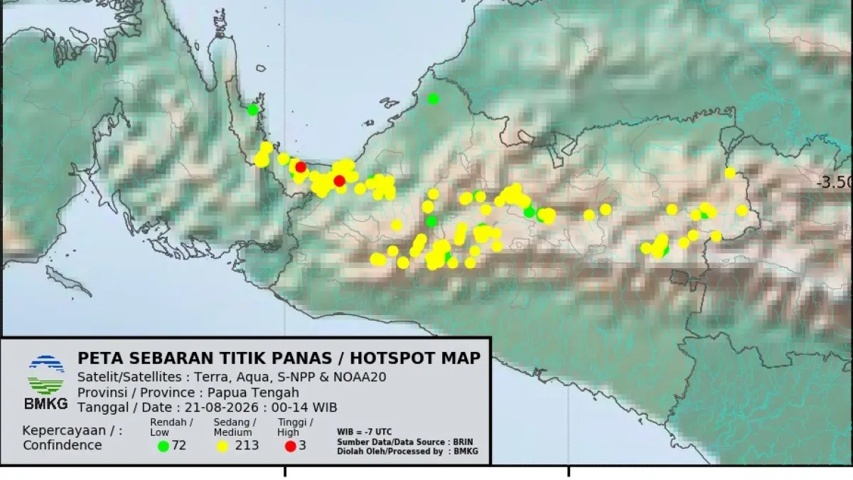Titik Panas di Papua Tengah yang terbaca di satelit oleh BMKG Nabire per, Jumat, (21/8/2026. (CEPOSONLINE.COM/BMKG Nabire For Cepos)&nbsp;