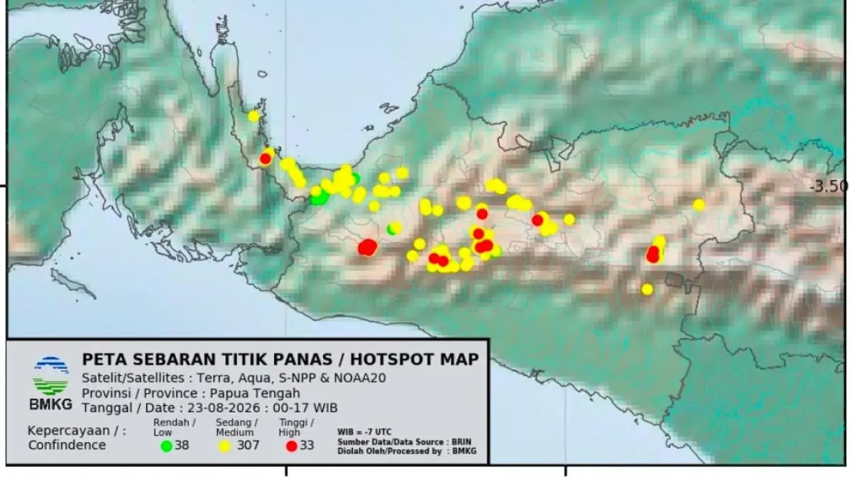 Titik panas di Papua Tengah yang terbaca di satelit oleh BMKG Nabire, Minggu (23/8/2026).(CEPOSONLINE.COM/BMKG)&nbsp;