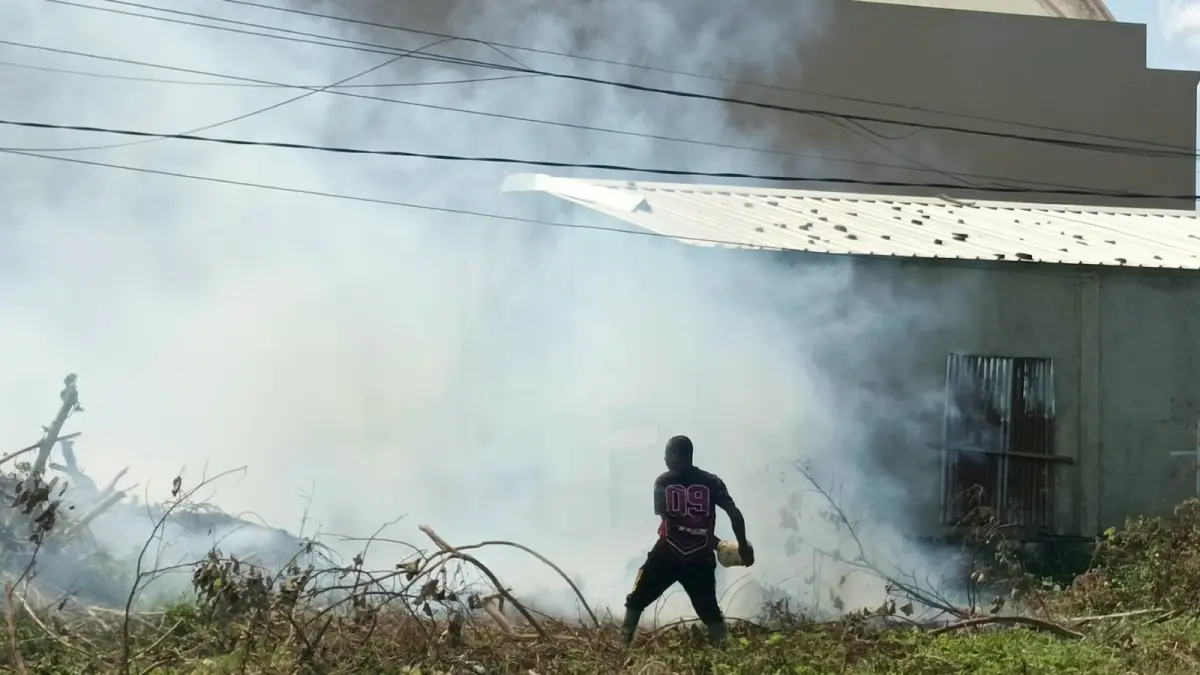 Seorang warga berupaya memadamkan api yang membakar semak-semak di sekitar jalan Parako Merauke, dengan menggunakan peralatan seadanya, Senin (24/8/2026).
(CEPOSONLINE.COM/SULO)&nbsp;