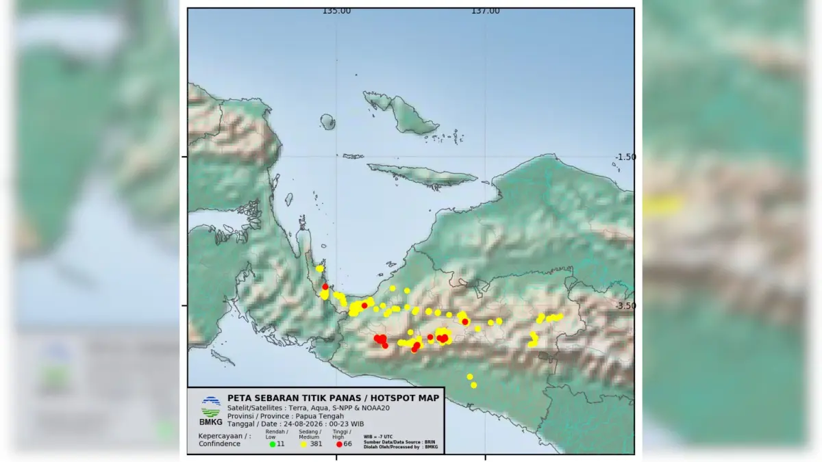 Titik Panas di Papua Tengah yang terbaca di satelit oleh BMKG Nabire per 24-25 Agustus 2026.&nbsp;

(CEPOSONLINE.COM/BMKG Nabire For Cepos)&nbsp;
