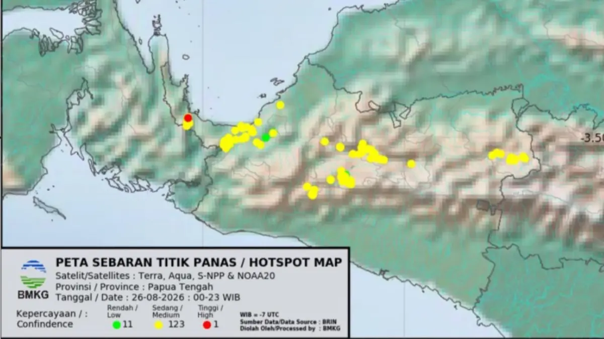Titik Panas di Papua Tengah yang terbaca di satelit oleh BMKG Nabire per, Rabu hingga Kamis, (25-27/8/2026). (CEPOSONLINE.COM/BMKG NABIRE).