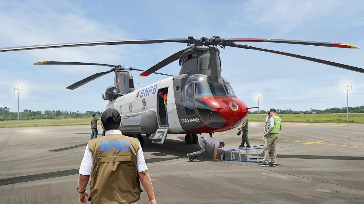 Kalaksa BPBD Sumbar, Erman Rahman &nbsp;mengecek kondisi Helikopter Chinook CH-47, di Bandara Internasional Minangkabau (BIM), Padangpariaman, Sumatera Barat, Jumat (11/9/2020). Jepang menyiapkan tiga helikopter CH-47 Chinook untuk membantu operasi penanganan karhutla di Indonesia. (Ceposonline.com/ ANTARA FOTO/Iggoy el Fitra)