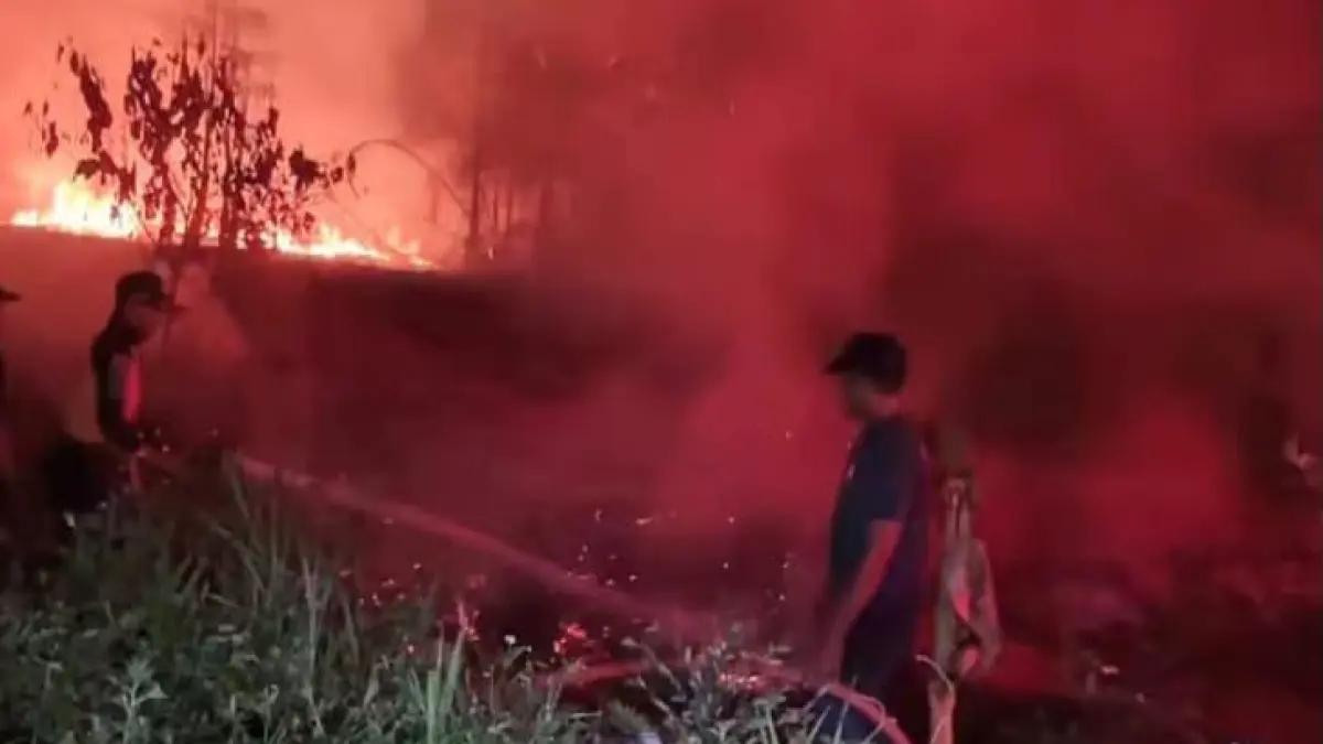 Petugas pemadam kebakaran BPBD Kabupaten Mimika saat berjibaku memadamkan api yang membakar kawasan lahan kering di Jalan SP7, Jalur 10, Timika, Papua Tengah, Kamis (10/9/2026) malam. (Foto: CEPOSONLINE.COM/BPBD Mimika).