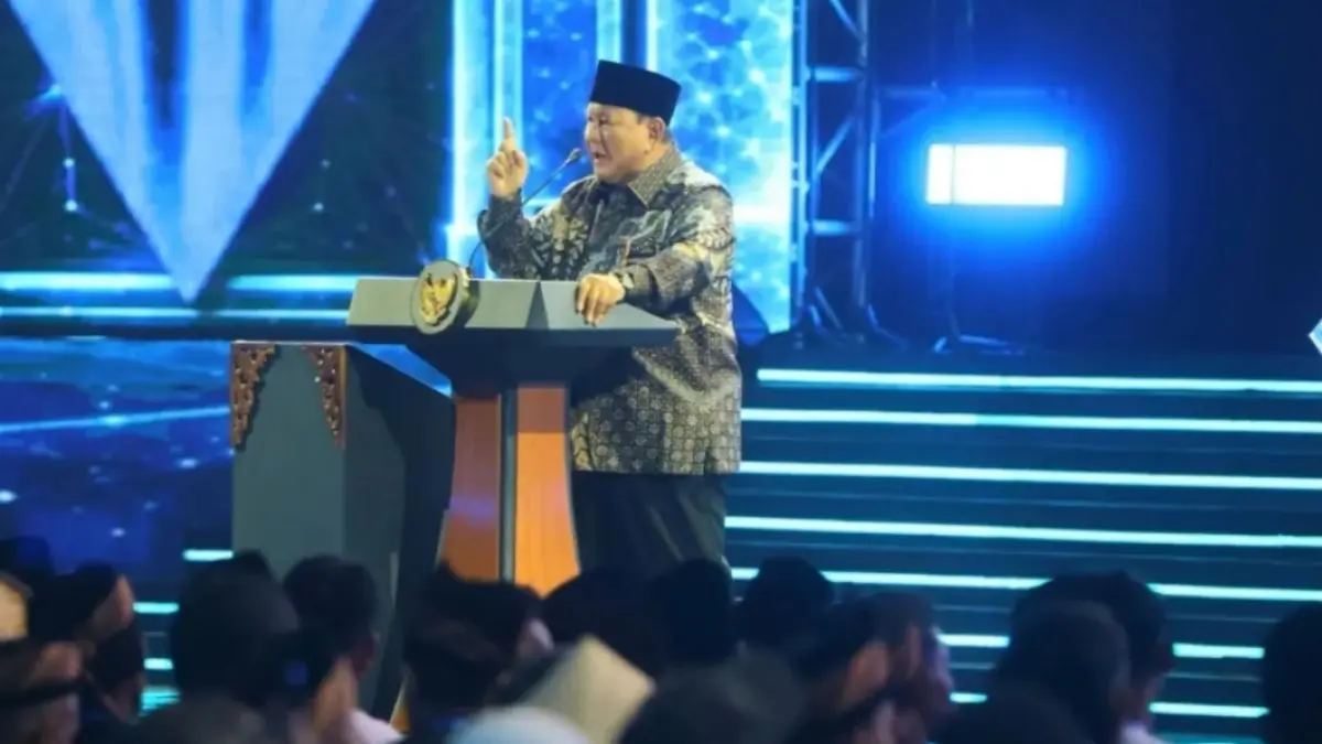 Pidato Presiden Prabowo Subianto saat perayaan HUT ke-28 PAN di JICC, Jakarta, Jumat (18/9/2026). (Dery Ridwansah/JawaPos.com)