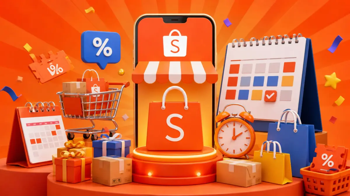 Ilustrasi promo Shopee dengan kalender, belanja online, voucher, dan berbagai simbol diskon.