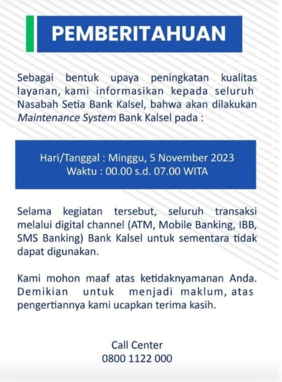 KUALITAS - Bank Kalsel kembali melakukan maintenance sistem untuk peningkatan kualitas
