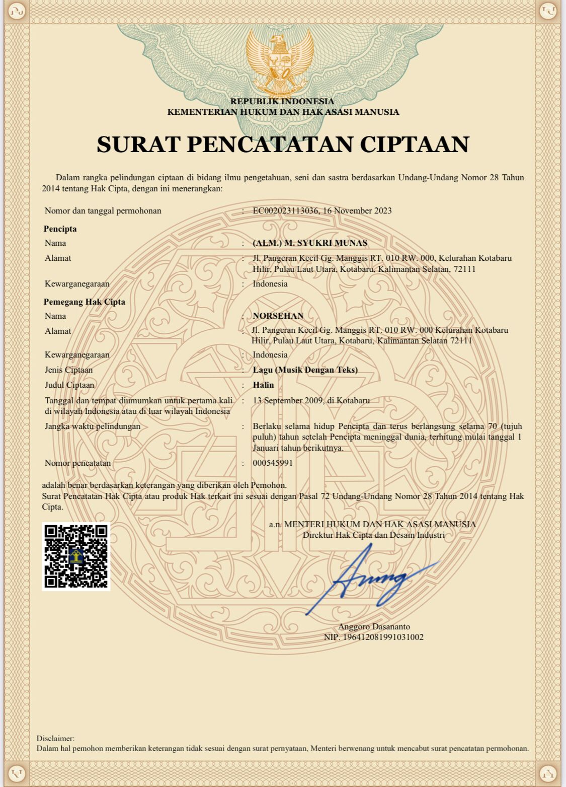 HAK CIPTA: Inilah sertifikat hak cipta lagu Halin karya M Syukri Munas yang diterbitkan Kementerian Hukum dan HAM.