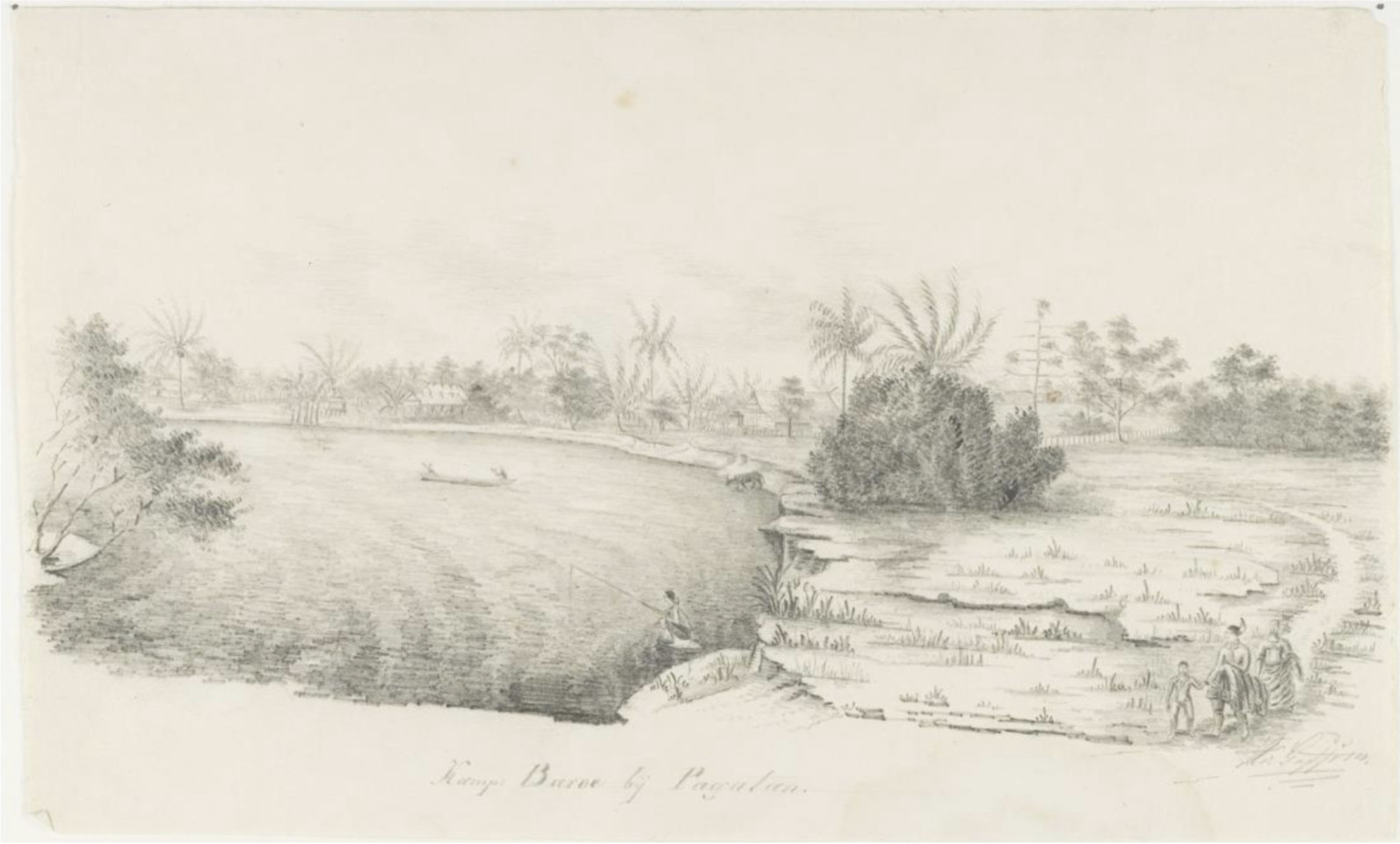 TAHULAH PIAN: Lukisan pensil Kampung Baru di Pagatan, Tanah Bumbu, tahun 1845 yang dilukis Heinrich von Gaffron.