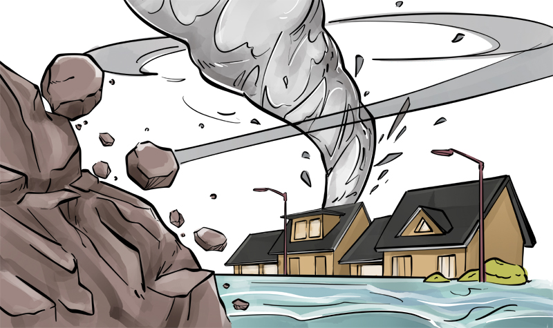 Ilustrasi longsor, banjir dan angin puting beliung.