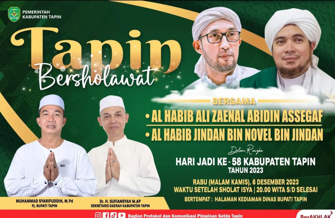 SEGERA DIHELAT: Gelaran Tapin Bersalawat yang dijadwalkan Rabu (6/12) malam akan dibarengi dengan pengumpulan donasi untuk Palestina oleh Baznas Tapin.(foto: Prokopim Setda Tapin/Radar Banjarmasin)