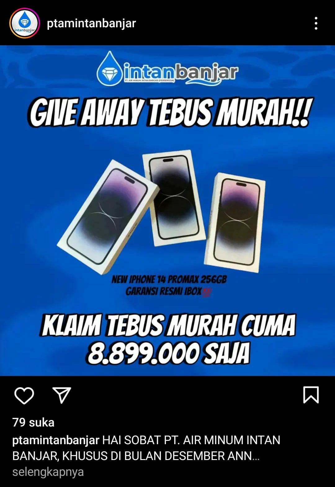 GIVEAWAY IPHONE:  Akun IG PTAM Intan sedang dihack atau diretas, masyarakat dan follower diharap waspada dan jangan sampai tertipu.(foto: Fauzan Ridhani/Radar Banjarmasin)