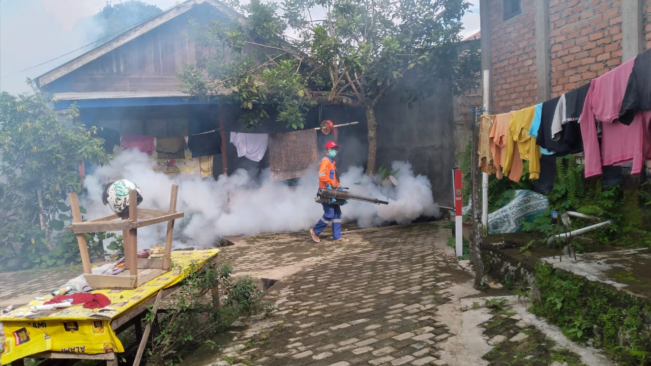 BERASAP: Petugas melakukan fogging atau pengasapan bersama pemegang program DBD, petugas surveilans, dan promkes, serta tim dari Dinkes.