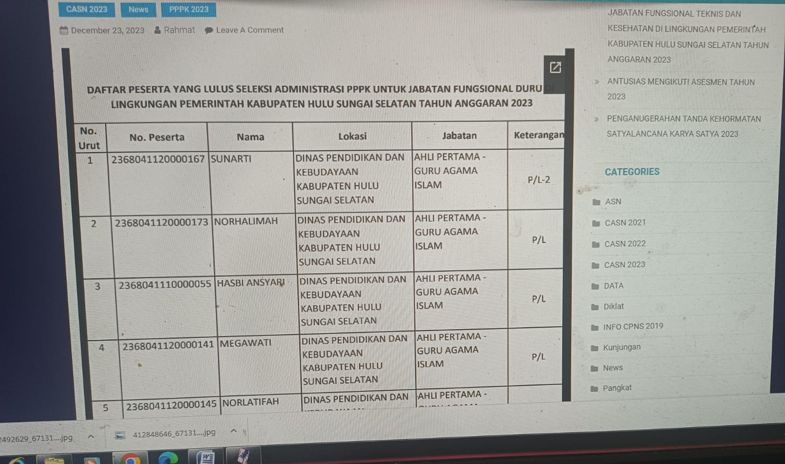 CEK LANGSUNG: BKPSDM Kabupaten HSS mengumumkan hasil seleksi PPPK untuk tenaga guru di laman https://bkpsdm.hulusungaiselatankab.go.id/.(Foto: Salahudin/Radar Banjarmasin)