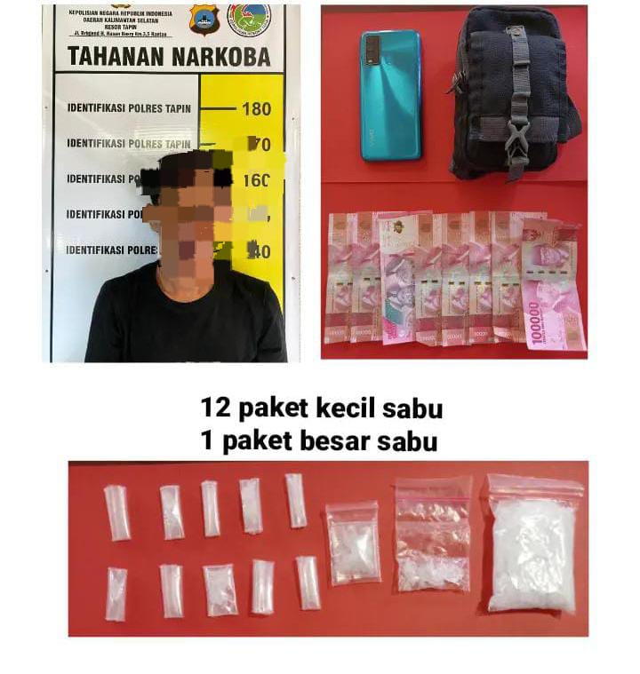 DIAMANKAN: Pelaku dan tiga belas paket sabu yang diamankan Sat Narkoba Polres Tapin.(Foto: Satnarkoba Polres Tapin/Radar Banjarmasin)