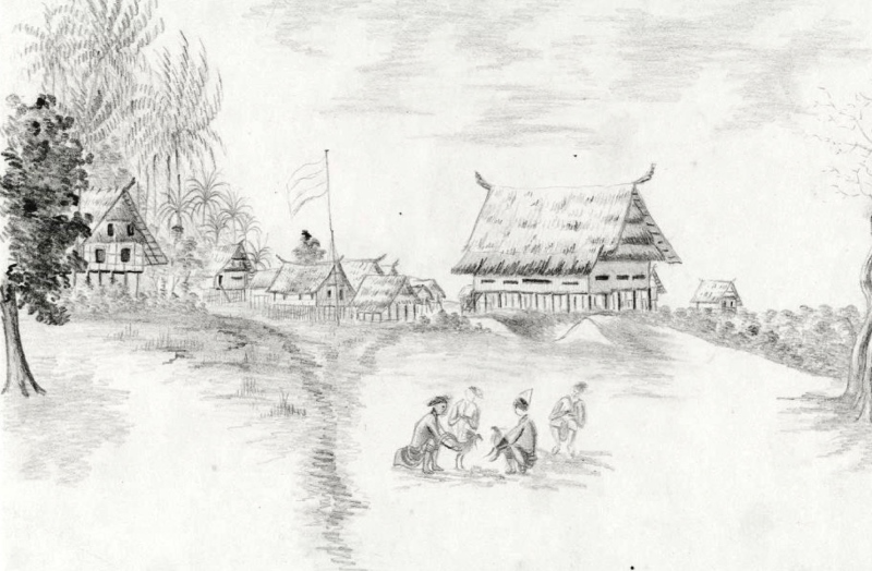 POTRET LAWAS: Lukisan Heinrich von Gaffron berjudul Istana Kerajaan Pagatan pada tahun 1845. -