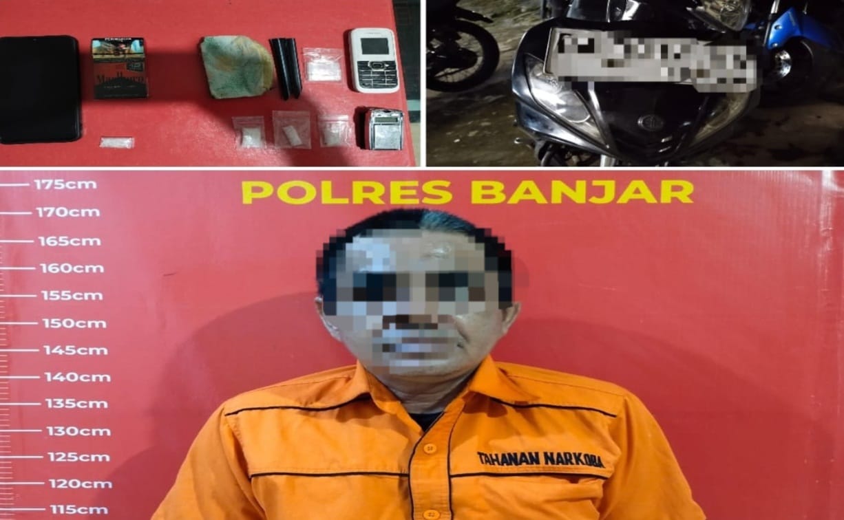 DITANGKAP POLISI: Pelaku diduga terlibat kasus narkotika beserta barang bukti yang berhasil diamankan Polres Banjar.(Foto: Humas Polres Banjar Untuk Radar Banjarmasin)