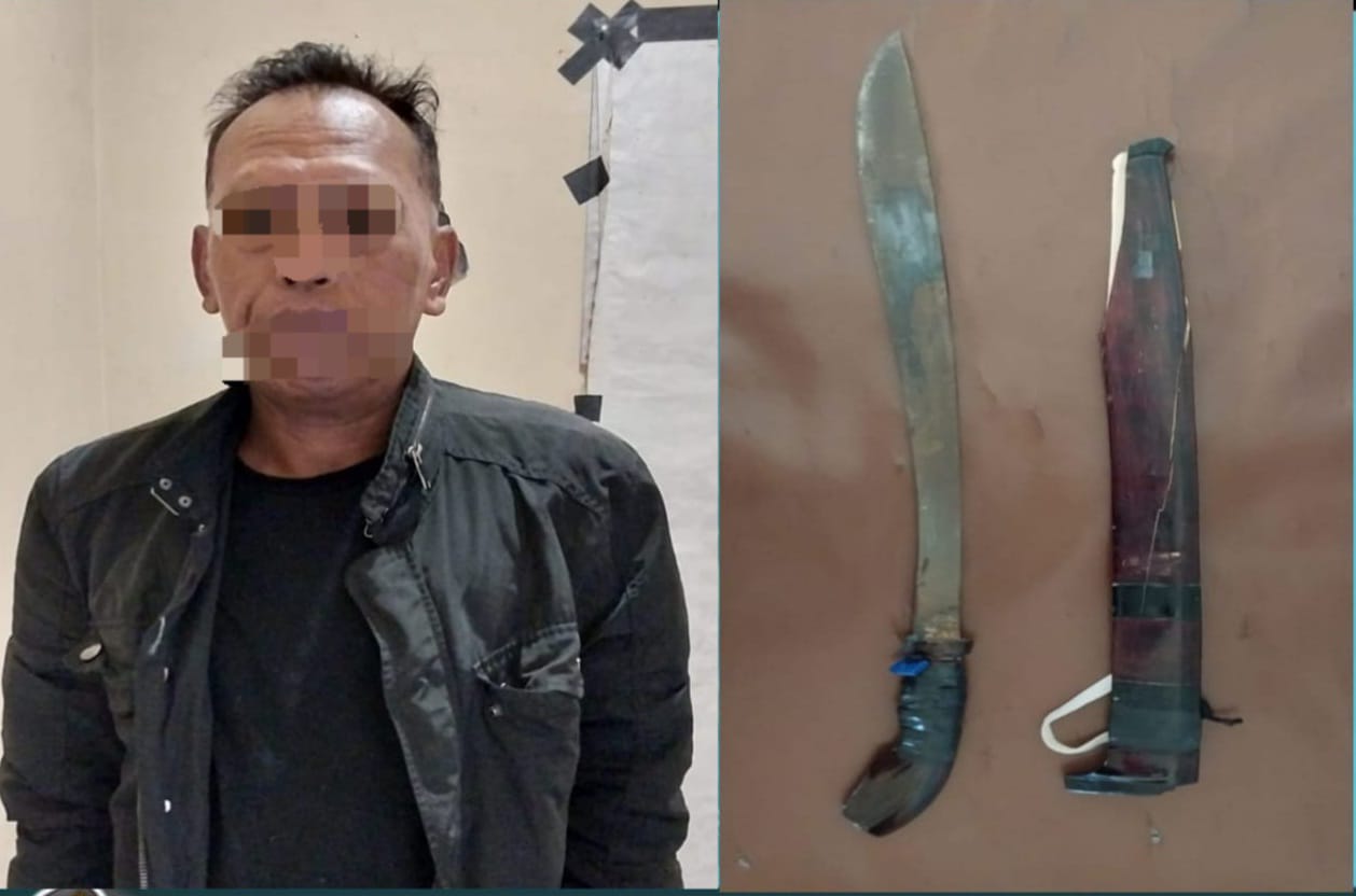 MENGAMUK:Pelaku bersama barang bukti diamankan Polres Banjar, Senin (26/2/2024).(Foto:Polres Banjar untuk Radar Banjarmasin)