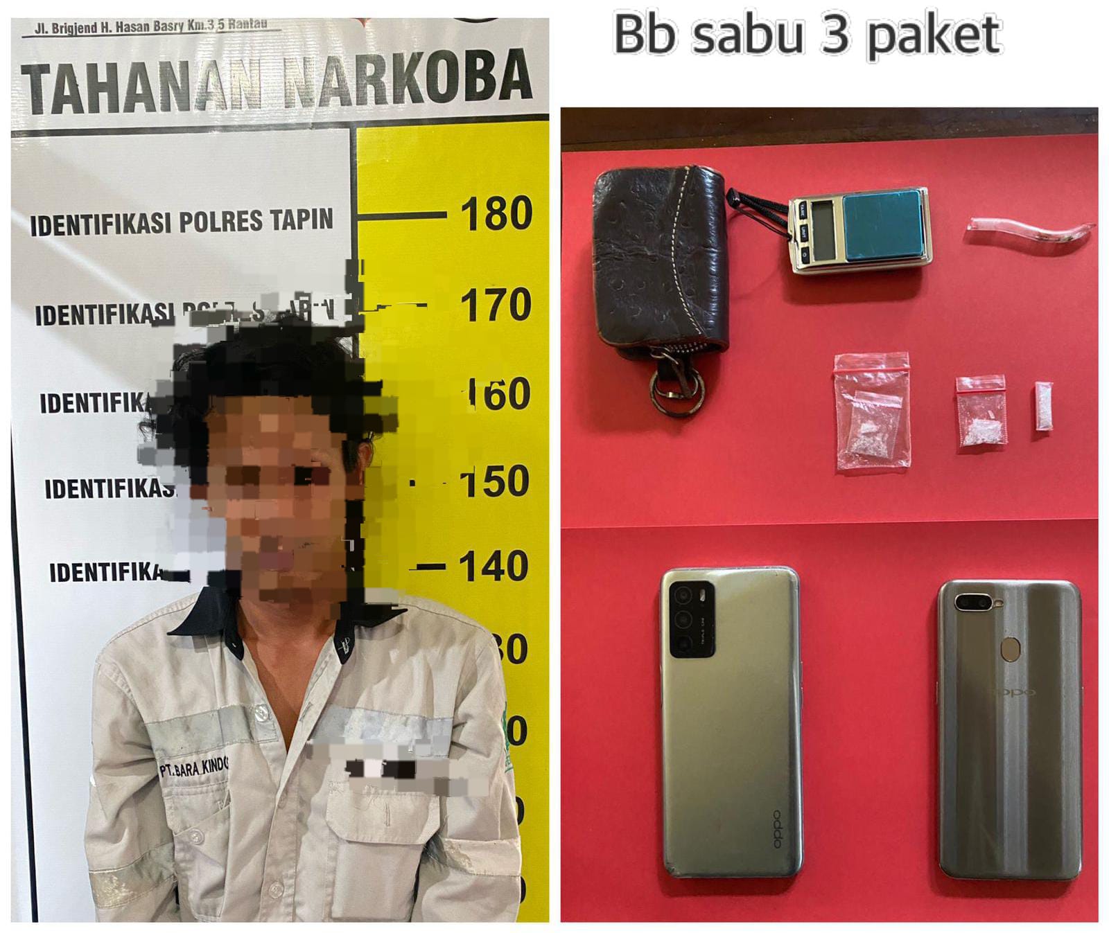 TAK BERKUTIK:Pelaku dan barang bukti sabu yang diamankan Sat Narkoba Polres Tapin yang ditangkap Kamis, (29/2/2024).(foto:Sat Narkoba Polres Tapin untuk Radar Banjarmasin)