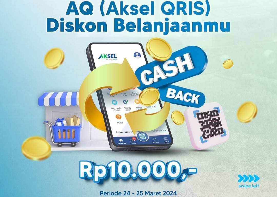 DISKON -Belanja cukup transaksi via QRIS AKSEL by Bank Kalsel akan mendapatkan diskon dan chasback Rp10.000
