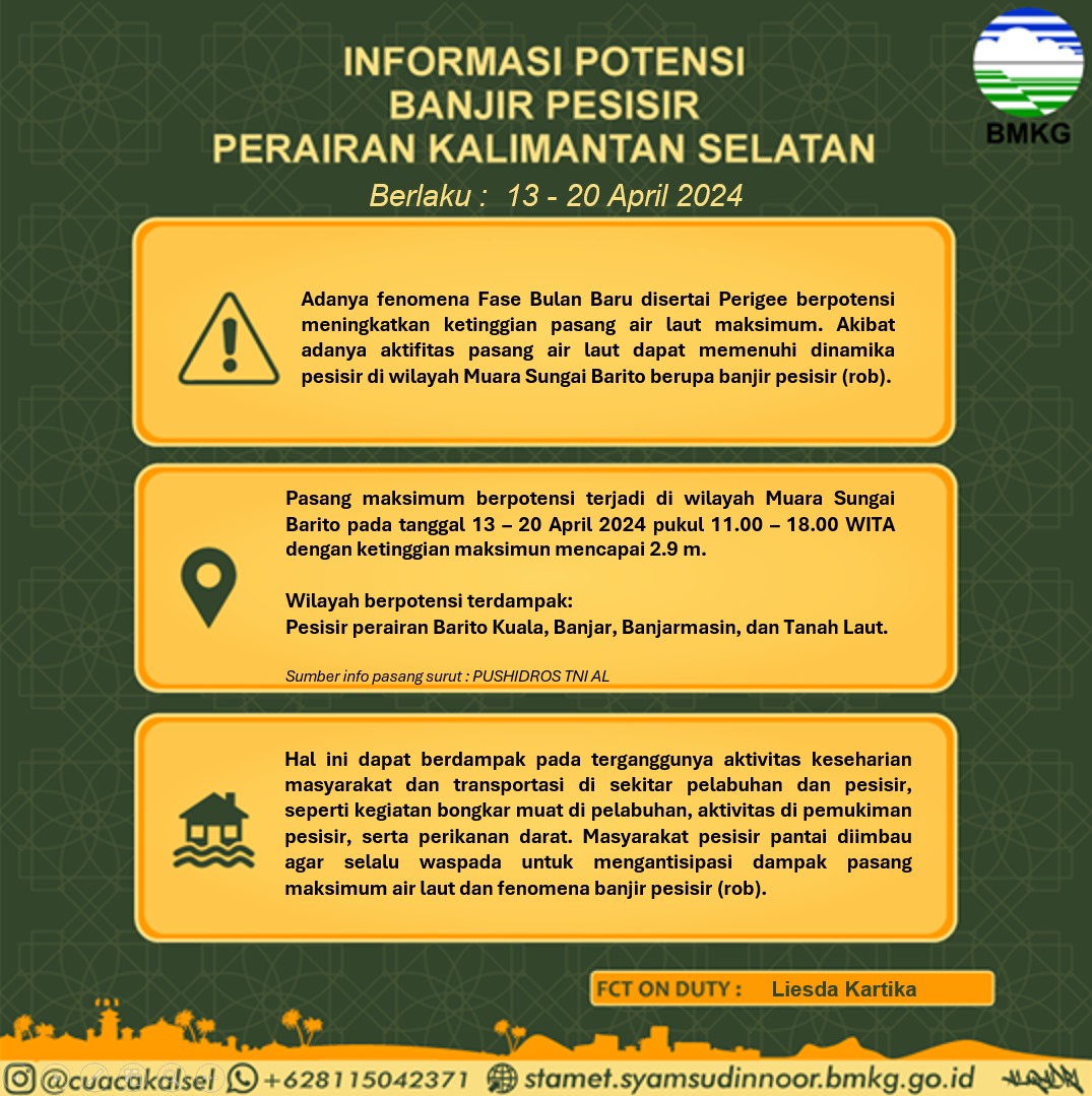 WASPADA: BMKG Kalsel merilis informasi potensi banjir rob di wilayah pesisir Kalsel.(foto:sc IG @cuacakalsel)