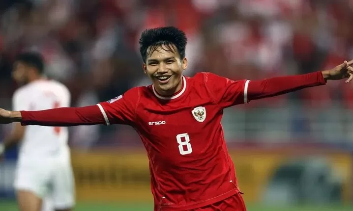 SELEBRASI: Pemain Timnas Indonesia U-23 Witan Sulaeman berselebrasi atas golnya terhadap gawang Yordania di Grup A Piala Asia U-23, Minggu (21/4/2024) tadi. (AFP)