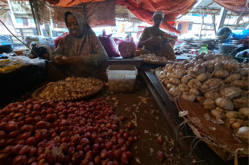 NAIK TURUN: Pengupas bawang merah di Pasar Harum Manis, Banjarmasin Tengah. Sempat melonjak, harga bawang merah kembali turun.