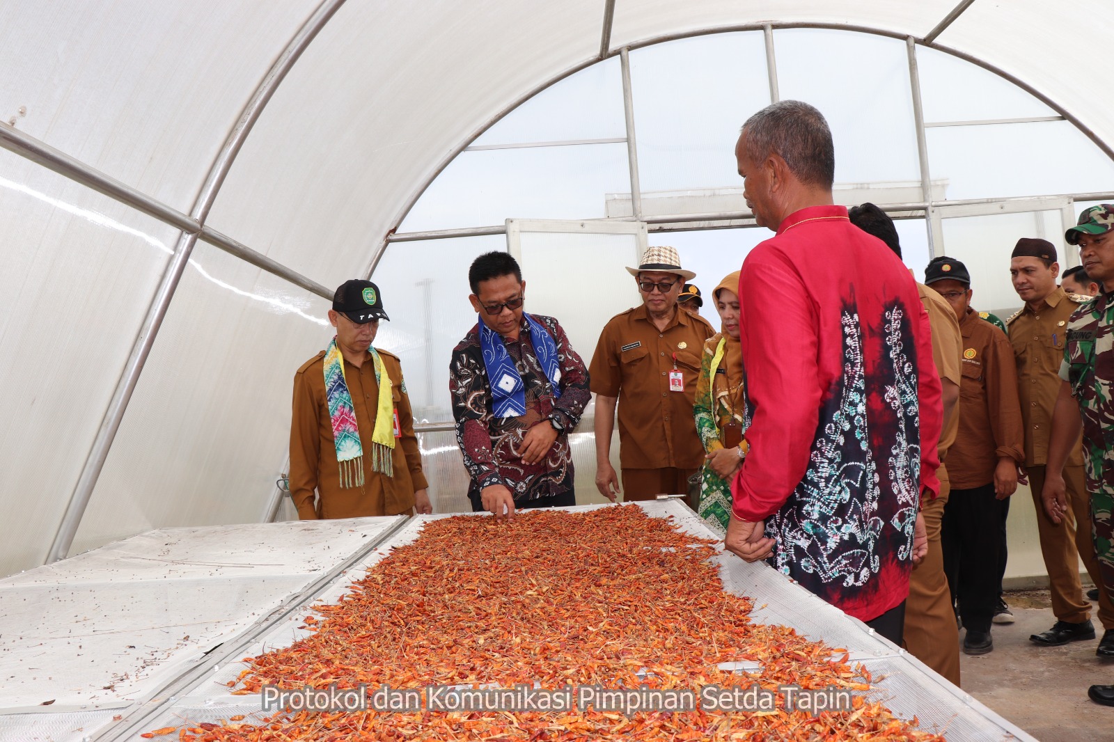 PANTAU: Sekda Tapin Sufiansyah mengajak Asisten Deputi Kemenpan RB memantau tempat pengeringan cabai hiyung.