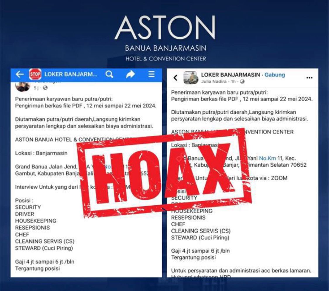 BODONG: Akun bodong menawarkan lapangan pekerjaan mengatasnamakan ASTON Banua Hotel & Convention Center.