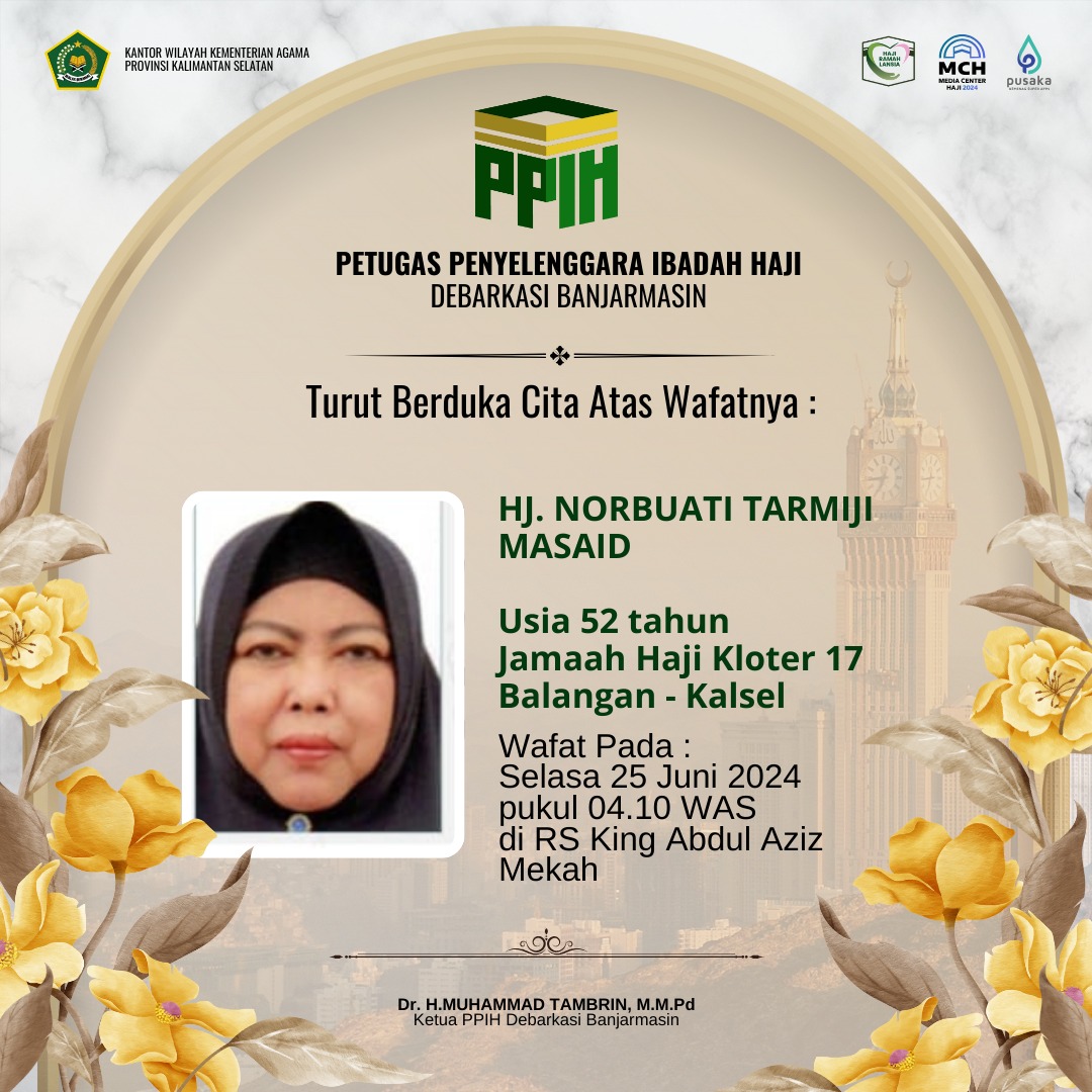 BERITA DUKA:Jemaah asal Kabupaten Balangan dikabarkan baru saja meninggal dunia di RS King Abdul Aziz Mekkah, Selasa (25/6/2024).(Foto:Kemenag Kalsel untuk Radar Banjarmasin)
