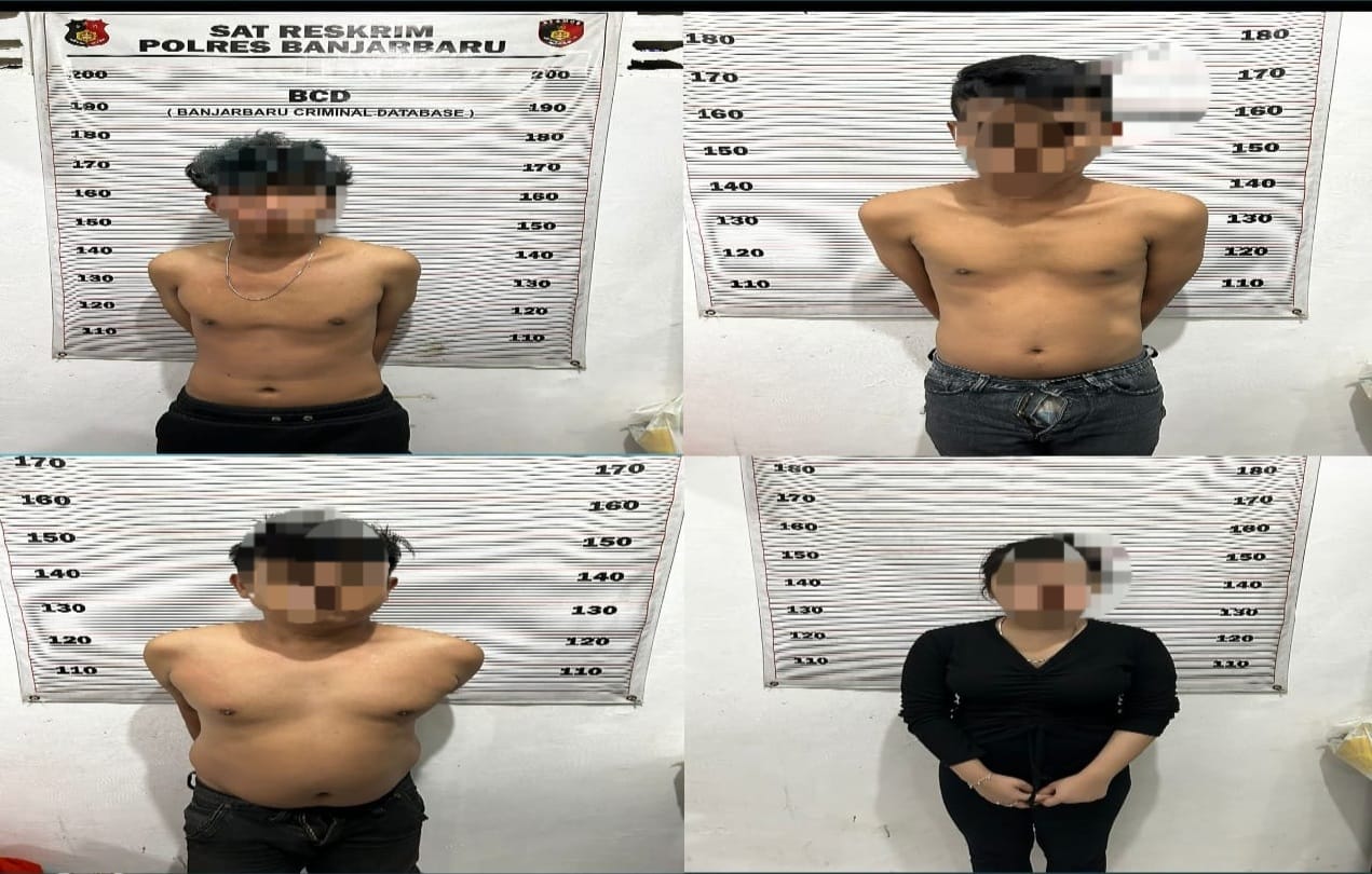 TERDUGA PEMBUNUH:  B, R, AFM, dan RS menjadi tersangka pembunuhan ABS (23) di Desa Padang Panjang Karang Intan.