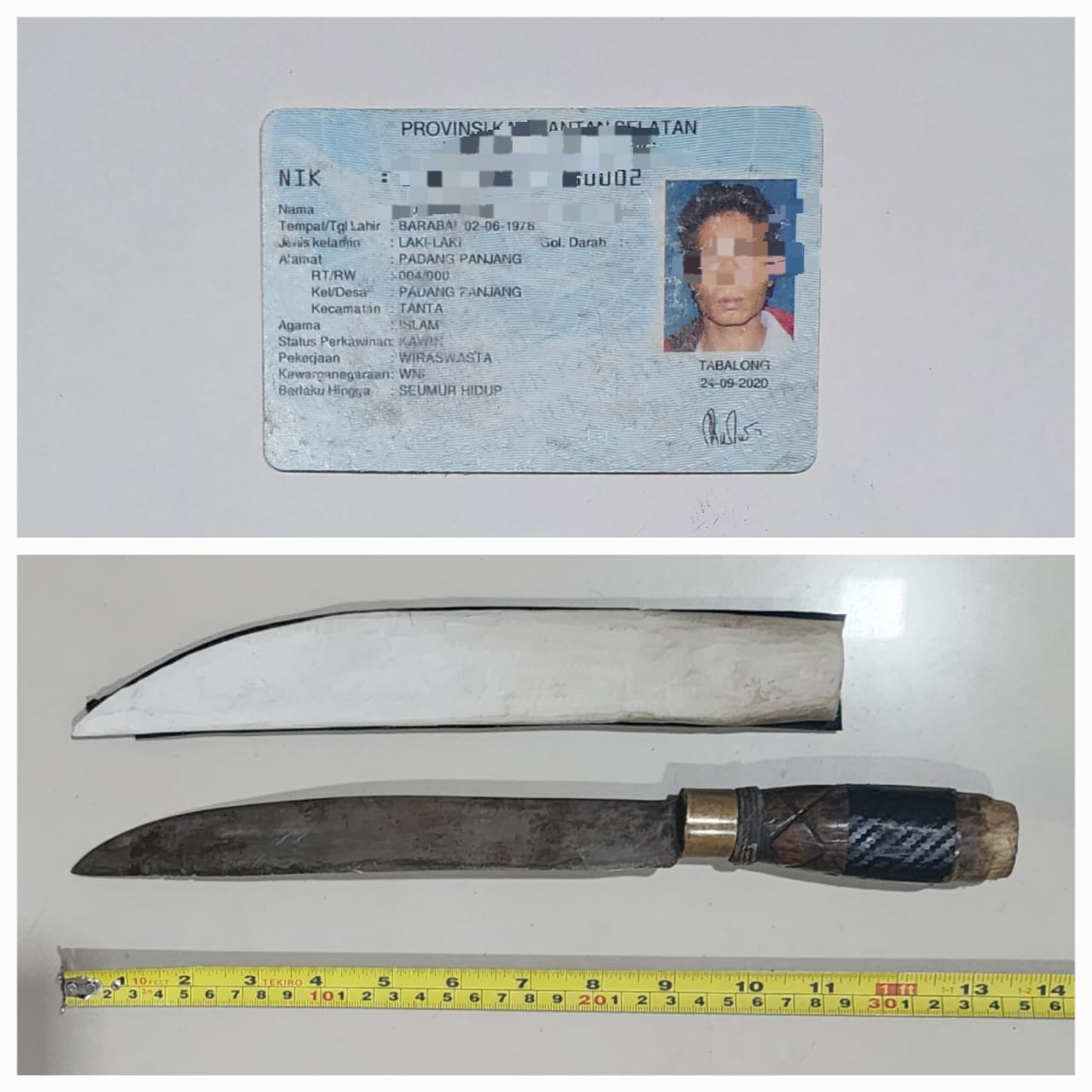 KTP DAN BELATI : Benda yang dijadikan barang bukti Polres Tabalong untuk mengamankan RUS. (Foto : Polres Tabalong untuk Radar Banjarmasin)