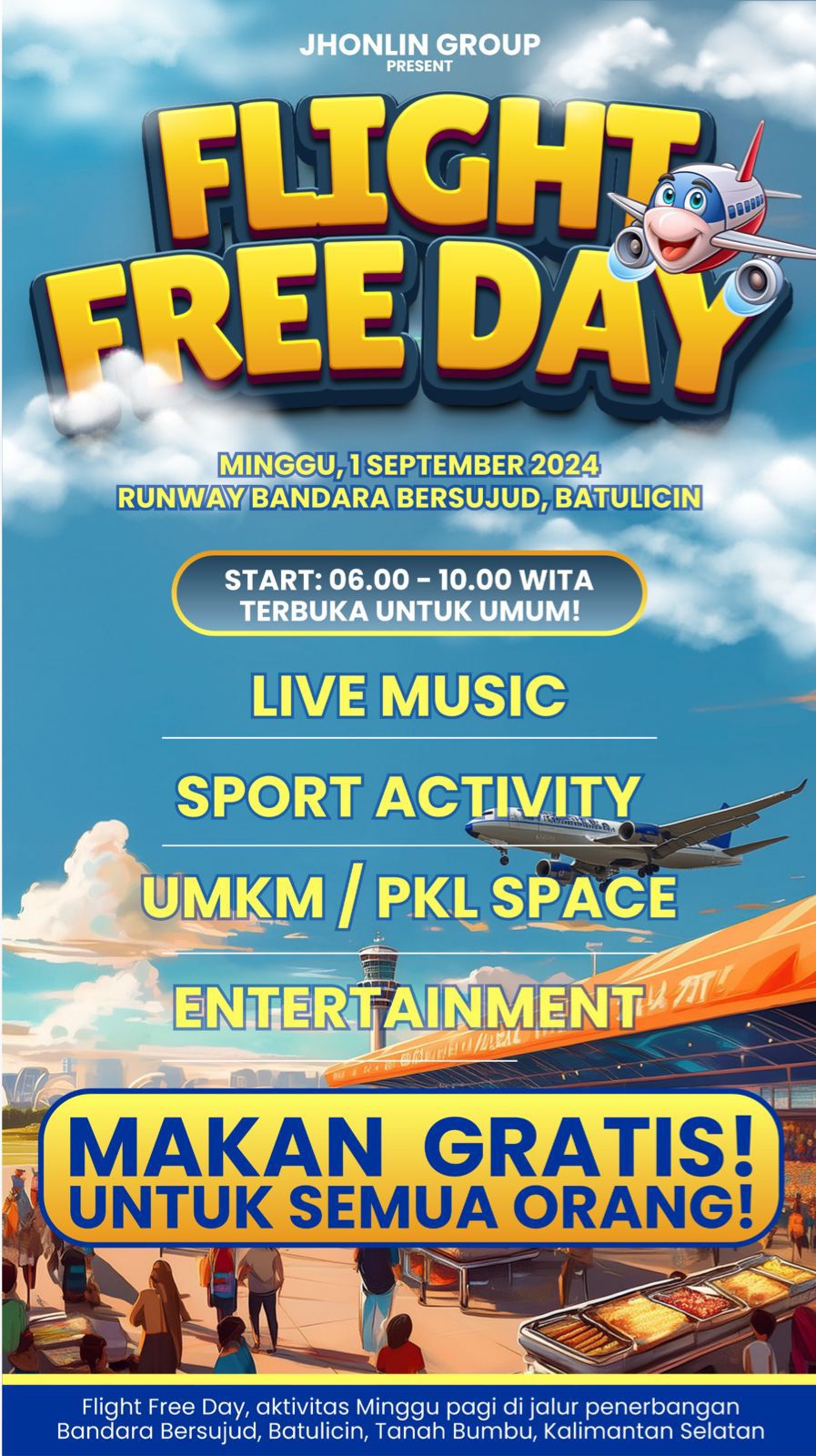 FLIGHT FREE DAY: Kegiatan ini akan digelar di Runway Bandara Bersujud, Jalan Kodeco KM 2, Kecamatan Simpang Empat, Kabupaten Tanah Bumbu, Minggu, 1 September 2024.