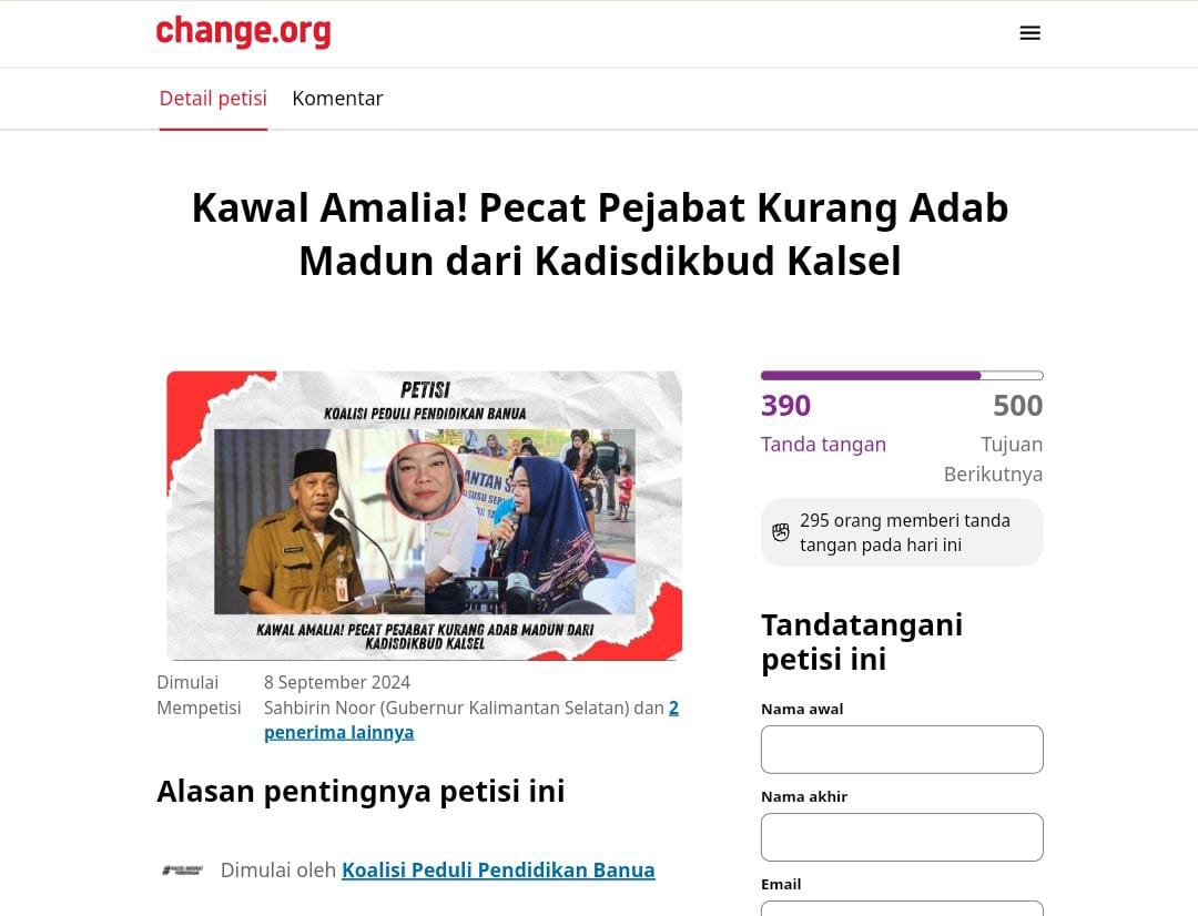 MENCUAT: Petisi dukungan untuk Amalia Wahyuni yang sudah ditandatangani ratusan orang.