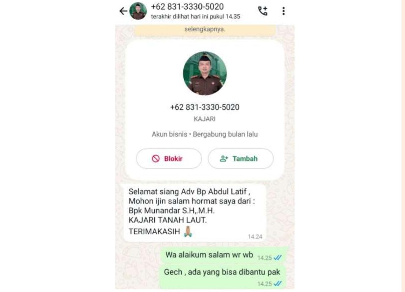 WASPADA:Tangkapan layar percakapan orang yang mencatut nama Kepala Kejari Tala, Munandar dengan salah satu advokat di Kabupaten Tanah Laut.(Foto:Humas Kejari Tala untuk Radar Banjarmasin)