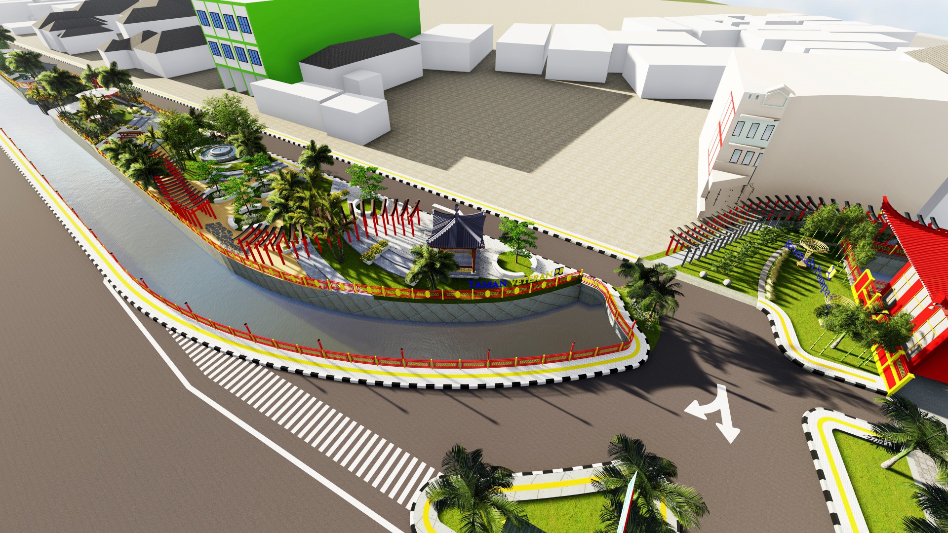 DESAIN: Inilah desain revitalisasi Jalan Veteran. Tampak dua jalan mengapit Sungai Veteran. Dilengkap trotoar dan taman.