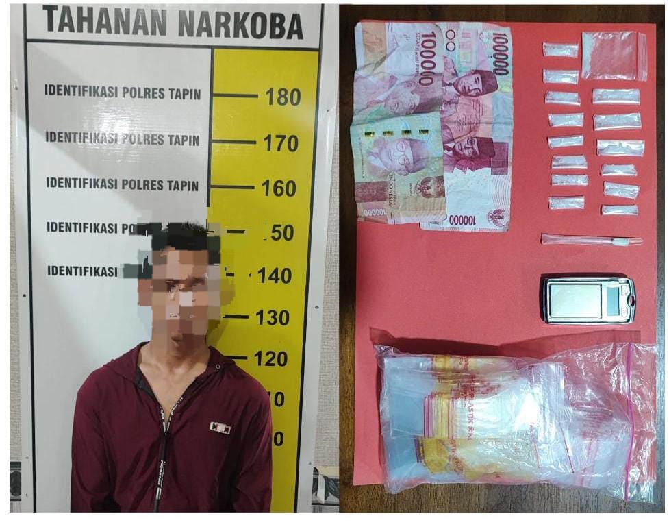 AMANKAN: Pelaku dan barang bukti sabu yang diamankan St Narkoba Polres Tapin. (Foto: Sat Narkoba Tapin untuk Radar Banjarmasin)
