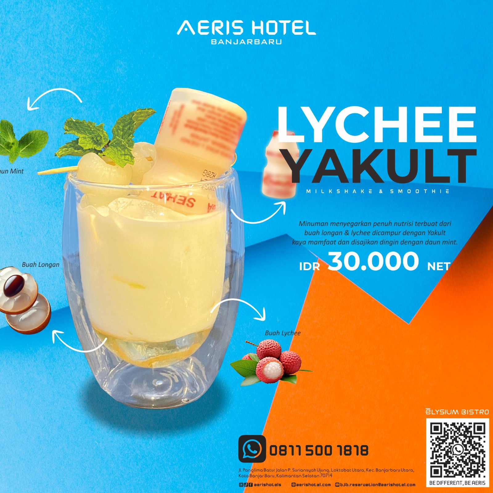 BIKIN KETAGIHAN:Elysium Bistro Aeris Hotel Banjarbaru menghadirkan Lychee Yakult Milkshake Smoothies yang menyegarkan.(foto:Aeris Hotel Banjarbaru untuk Radar Banjarmasin)