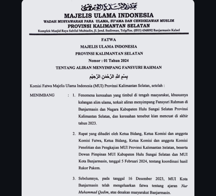 FATWA MUI: Tangkapan layar salinan fatwa MUI Kalsel tertanggal 1 Oktober 2024 terkait ajaran Fansyuri Rahman yang dinilai sesat.