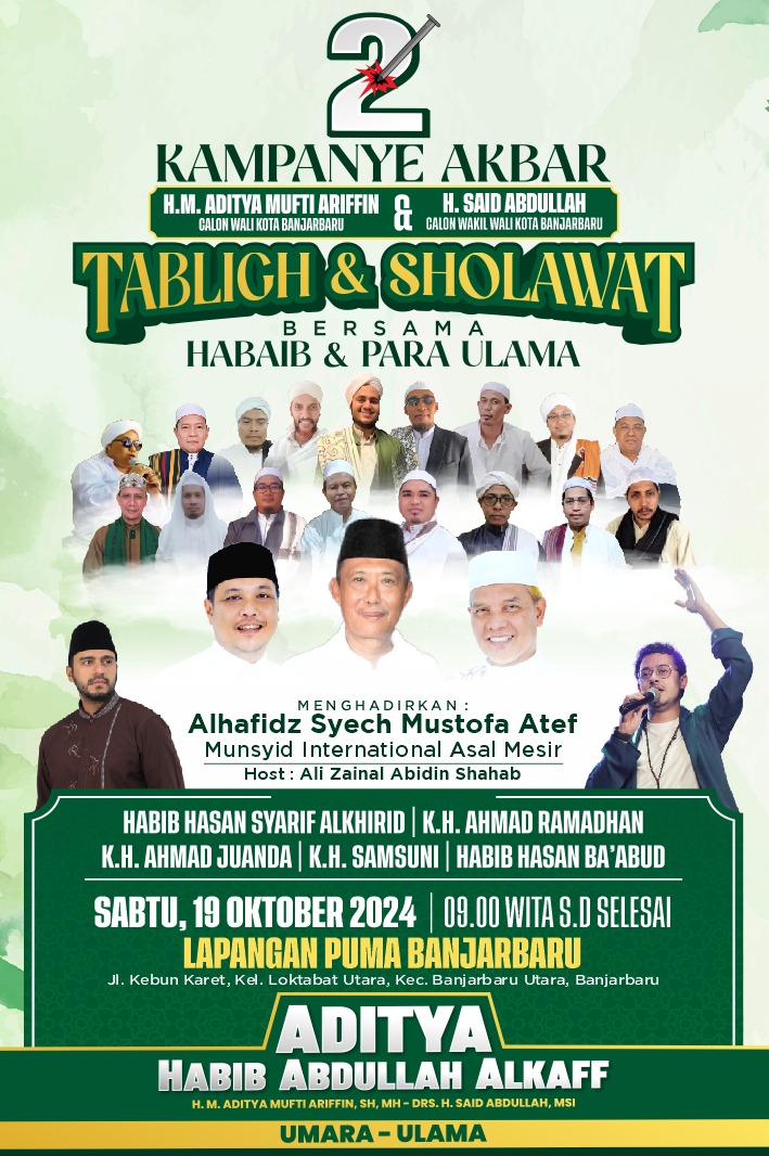 KAMPANYE AKBAR: Calon Wali Kota dan Wakil Wali Kota Banjarbaru Aditya-Said Abdullah mengundang seluruh masyarakat untuk meramaikan tabligh dan sholawat bersama (tim pemenangan untuk Radar Banjarmasin)